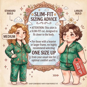 May include: An illustrated sizing guide featuring two characters and a mirror with text: SLIM-FIT SIZING ADVICE, ATTENTION: This shirt is a SLIM-FIT cut, designed to fit closer to the body. For those with a heavier or larger frame, we highly recommend selecting ONE SIZE UP from your usual size for optimal comfort and fit. SHOP CONFIDENTLY WITH YOUR PERFECT FIT.