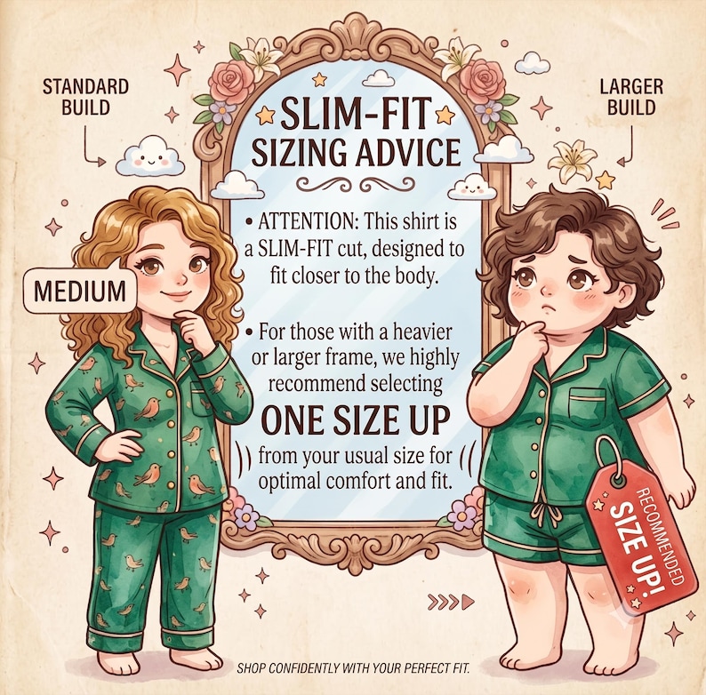 May include: An illustrated sizing guide featuring two characters and a mirror with text: SLIM-FIT SIZING ADVICE, ATTENTION: This shirt is a SLIM-FIT cut, designed to fit closer to the body. For those with a heavier or larger frame, we highly recommend selecting ONE SIZE UP from your usual size for optimal comfort and fit. SHOP CONFIDENTLY WITH YOUR PERFECT FIT.