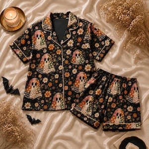 Spooky Cute Patchwork Ghost Silk Pajama Set, Satin Halloween PJs, Whimsical Floral Ghost Loungewear, Gift for Her