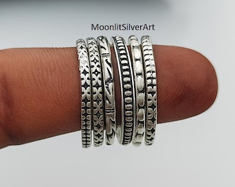 Conjunto de anillos de plata de ley - Anillo apilable minimalista estilo boho,