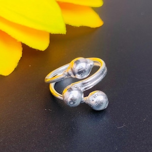 Handmade 925 Sterling Silver Adjustable Ball Ring – Minimalist Double Bead Design for Everyday ring .