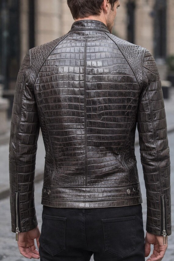 Crocodile Embossed Leather Jacket Men | Handmade Luxury Biker Coat
