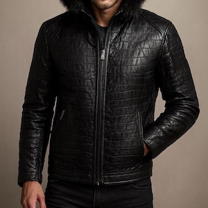 Black Crocodile Leather Jacket with Fur Hood, Men's Luxury Winter Coat
