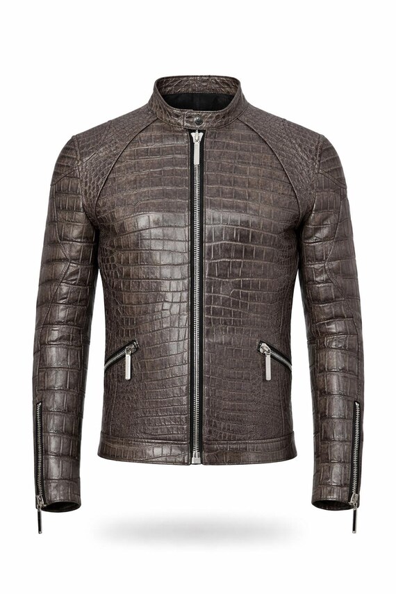 Crocodile Embossed Leather Jacket Men | Handmade Luxury Biker Coat