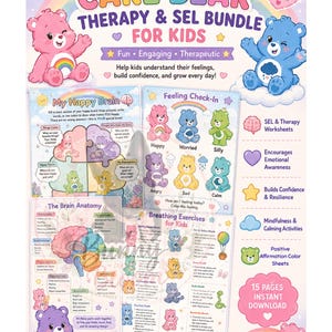 May include: A printable Care Bear therapy and SEL bundle for kids featuring colorful illustrations of Care Bears, educational worksheets on brain anatomy, feeling check-ins, and breathing exercises. The poster includes text, icons, and a rainbow.