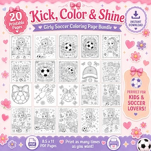 以下が含まれることがあります： キャラクター、サッカーボール、花柄などのサッカーをテーマにしたイラストが描かれた、印刷可能な塗り絵20ページのデジタルバンドル。ページには「Kick, Color & Shine」、「FIFA」、「Good Game」などのテキストが含まれています。8.5 x 11インチの用紙サイズに対応しています。