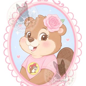 May include: A digital illustration of a brown beaver character wearing a pink t-shirt with a small beaver graphic and a pink rose on its head. The character is framed by an ornate pink oval border against a light blue background with small hearts.