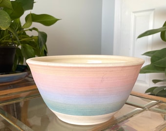 Vintage Hand Thrown Pottery Centerpiece Bowl, Pastel Gradient Ceramic, Retro Memphis Decor