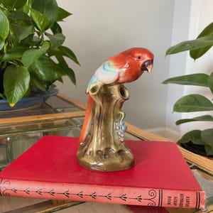 1930s Czechoslovakian Pottery Parrot Vase, Art Deco Ceramic Bird Figurine (Red Stamp)