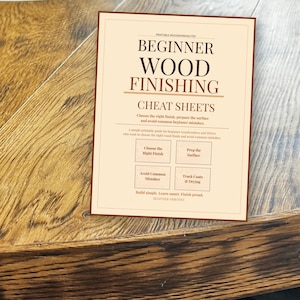 Puede incluir: Un PDF imprimible titulado "Beginner Wood Finishing Cheat Sheets" sobre una superficie de madera. El documento incluye secciones sobre la elección del acabado correcto, la preparación de la superficie y la evitación de errores comunes. El texto está en una fuente serif.