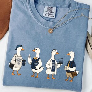 May include: Pale blue t-shirt featuring a cartoon design of four geese in academic outfits, holding items like books and coffee cups. The text "SILLY GOOSE PHYSICS" is printed on the shirt. A gold necklace is draped across the shirt.