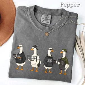 May include: A grey Comfort Colors t-shirt with a graphic of four geese, each wearing glasses and holding coding-related items. The geese are dressed in hoodies, hats, and aprons, with text including "Silly Goose > Coding" and "Trust Me I'm a Developer."