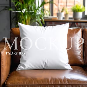 Throw Pillow Mockup | Leather Couch, Modern Living Room Decor | PSD & JPG Digital Download