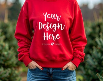 Women's Red Sweatshirt Mockup Photo | Christmas Tree Farm | JPG Digital Download