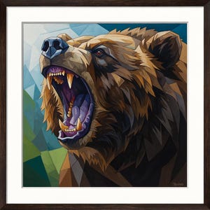 Puede incluir: Una obra de arte enmarcada que presenta una ilustración geométrica de un oso pardo con la boca abierta, revelando afilados dientes y un interior púrpura. El pelaje del oso está representado en tonos marrones y negros, sobre un fondo de formas geométricas azules y verdes.