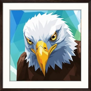 May include: Framed art print featuring a stylized, geometric illustration of a bald eagle's head. The eagle has white feathers, a yellow beak, and piercing yellow eyes. The background is a mosaic of blue and green shapes, with a dark brown frame.