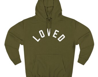 Loved hoodie | arched text graphic, charcoal pullover
