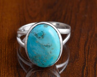 Turquoise Oval Ring, 925 Silver Ring, Natural Blue Stone Ring, Handmade Turquoise Jewelry, Boho Statement Ring, Gift for Her