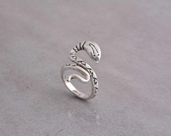 Sterling Silver Snake Ring, Adjustable Serpent Ring for Men Women, Gothic Snake Jewelry, Vintage Silver Wrap Ring, Unique Statement Ring