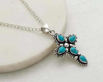 Collar con cruz turquesa, colgante de plata, joyería bohemia occidental, cruz cristiana hecha a mano, regalo para mujer.