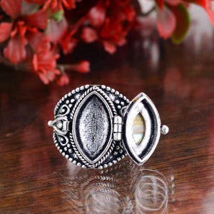 Peut inclure: Bague locket argentée avec un design ovale. La bague s'ouvre pour révéler un intérieur nacré. La bague a une bande détaillée et texturée et des accents décoratifs. Le fond présente des fleurs rouges floues.