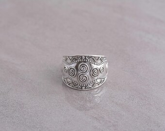 925 Sterling Silver Wide Band Ring, Spiral Engraved Statement Ring, Boho Tribal Vintage Silver Ring for Men Women