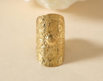 Brass Sun Mandala Ring, Boho Tribal Statement Ring, Wide Adjustable Brass Ring, Engraved Ethnic Jewelry, Handmade Brass Ring, Gift for Her