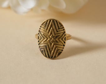 Star Brass Ring, Engraved Oval Brass Ring, Boho Vintage Ring, Geometric Brass Jewelry, Statement Ring for Women, Handmade Brass Ring