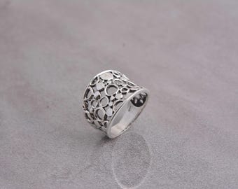 Sterling Silver Wide Band Ring, Textured Bubble Statement Ring, Openwork Boho Ring for Women, 925 Silver Adjustable Style Jewelry Gift