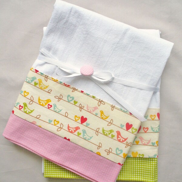 Kitchen towel with love birds pink and green cotton accent - set of two flour sack towels - Mother's Day Gift