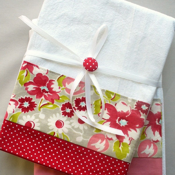 Kitchen towels with red and gray floral pattern cotton fabric accent - set of two flour sack towels