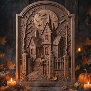 Detailed haunted house plaque with turrets and fence, dramatic depth and antique finish, haunted house carving file