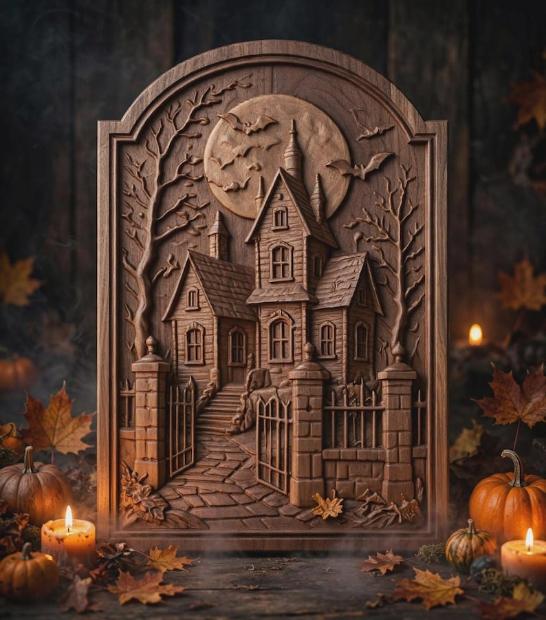 Detailed haunted house plaque with turrets and fence, dramatic depth and antique finish, haunted house carving file