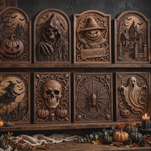 Nine-panel arrangement on a rustic backdrop, grim reaper, pumpkin and witch reliefs, halloween cnc files included