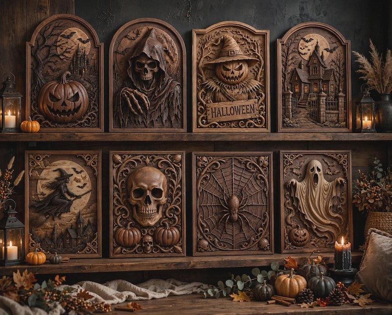 Nine-panel arrangement on a rustic backdrop, grim reaper, pumpkin and witch reliefs, halloween cnc files included