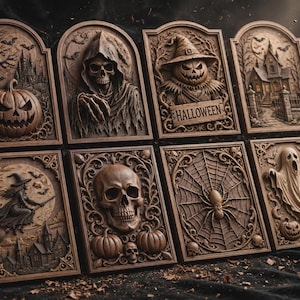 Close-up row of arched gothic panels, skulls and spider webs, deep carved shadows, spooky CNC relief
