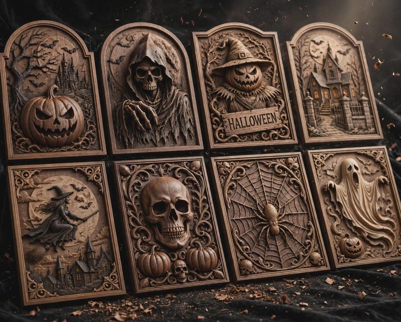 Close-up row of arched gothic panels, skulls and spider webs, deep carved shadows, spooky CNC relief