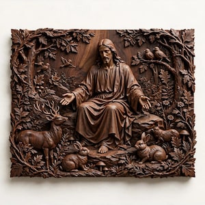 Può includere: Una placca da parete rettangolare in legno marrone scuro con un dettagliato intaglio in rilievo di una figura centrale con capelli lunghi e vesti, circondata da una scena boschiva con un cervo, due conigli, uccelli, funghi e fitto fogliame.