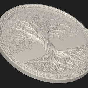 Ornate rectangular plaque mockup showing bulk discount text for downloadable tree of life STL file, digital model