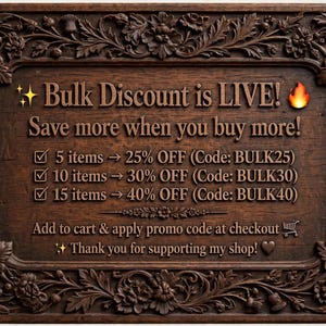 Ornate wooden relief plaque with floral border and gold bulk-discount text; CNC relief carving wall art sign ✨