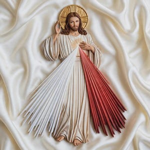 May include: A wall-mounted relief sculpture of Jesus Christ depicting the Divine Mercy. The figure wears a cream-colored robe with flowing folds, featuring rays of light emanating from the chest in distinct white and deep red painted beams.