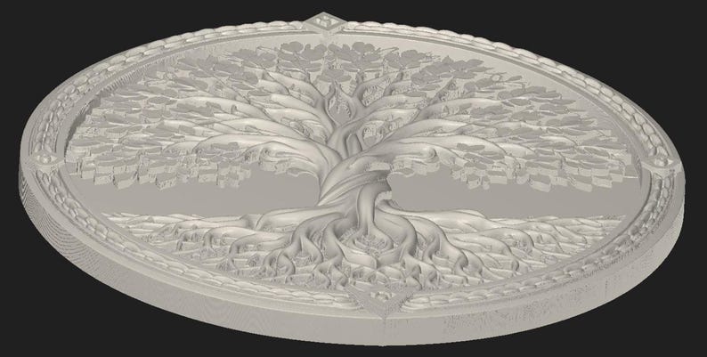 Ornate rectangular plaque mockup showing bulk discount text for downloadable tree of life STL file, digital model