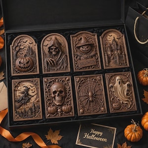Tight tray of eight mini plaques with ribbon and pumpkins, ornate borders and raised relief, 3D relief carving file