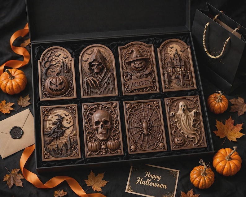 Tight tray of eight mini plaques with ribbon and pumpkins, ornate borders and raised relief, 3D relief carving file