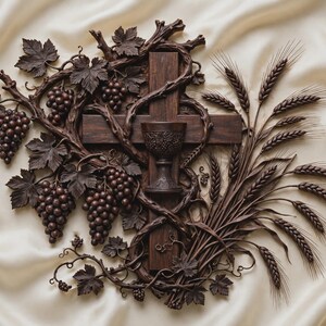 Christian Cross STL File, Communion CNC Relief, Eucharist 3D Relief, Grape Wheat Carving, Church Wall Art