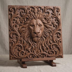 May include: A square dark brown wooden wall panel featuring a high-relief carving of a lion head centred among intricate swirling acanthus leaf patterns. The panel is displayed on a matching wooden stand, showcasing detailed craftsmanship.