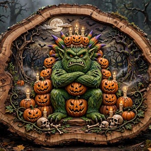 Grumpy Monster Pumpkin Throne STL | Halloween CNC Relief STL | Spooky Wood Carving File | 3D Monster Wall Art | Aspire VCarve ArtCAM Carveco