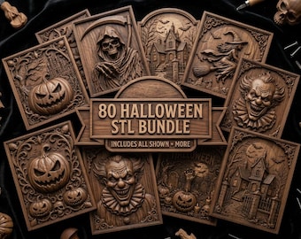 May include: A collection of rectangular wooden plaques featuring intricate relief carvings of Halloween themes including a grim reaper, a witch, a clown, pumpkins, and haunted houses, with a central sign reading 80 HALLOWEEN STL BUNDLE.