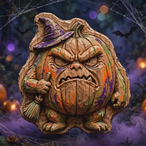 Grumpy Witch Pumpkin STL | Halloween Pumpkin Monster CNC Relief STL | 3D Wood Carving File | Aspire VCarve ArtCAM Carveco