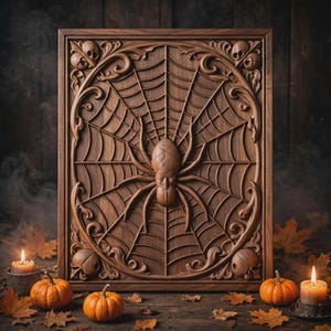Rectangular spiderweb plaque with large central spider, textured strands and ornate frame, spooky cnc relief file